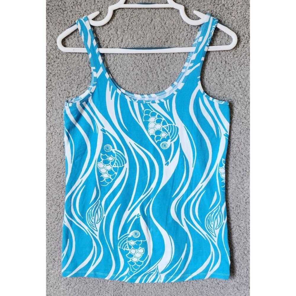 Lilly Pulitzer Womens Sleeveless Scoop Neck Tabbie Tank Top Fish Blue White Sz L